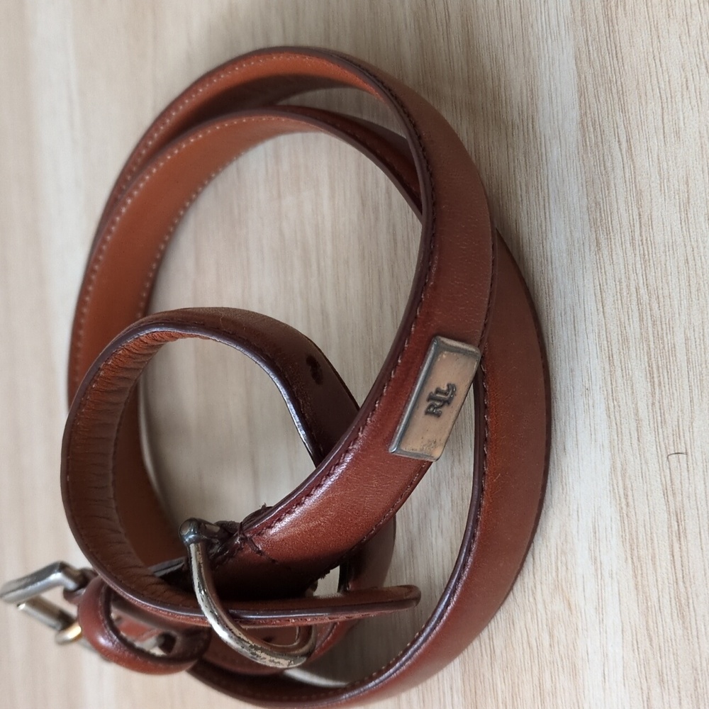 Ralph Lauren Brown Leather Belt with Silver Toned Rectangular Buckle